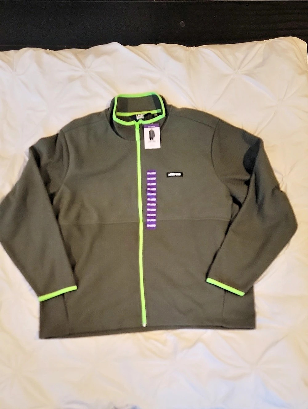Lands' End Men's Full Zip Grid Fleece Jacket Gray & Green XXL